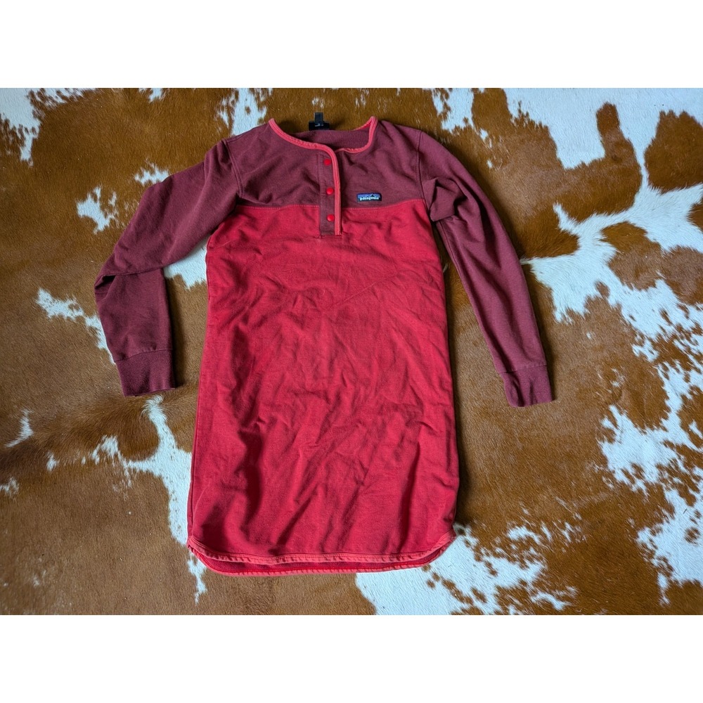 Patagonia Womens Ahnya Henley Dress Small Red Colorblock Organic Cotton Long Slv